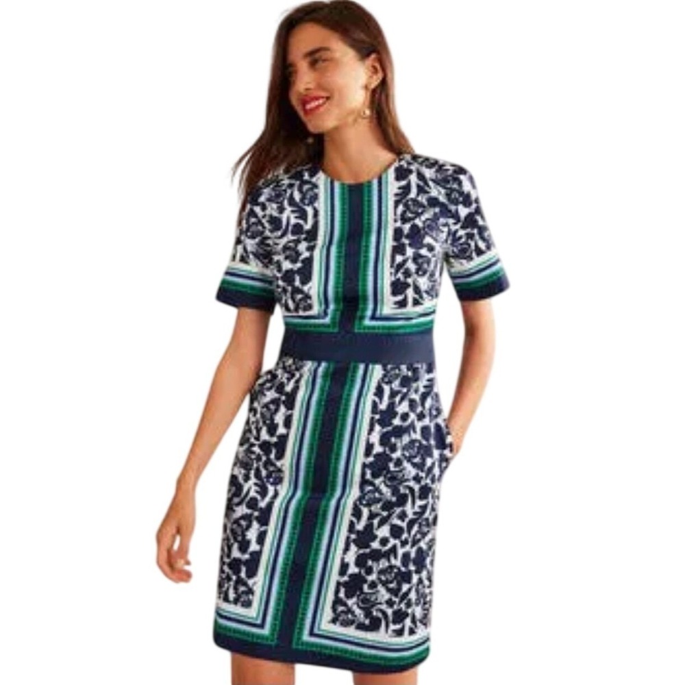 Boden Alexa Cotton Shift Dress Floral Geometric Size 6L Navy Blue White Green